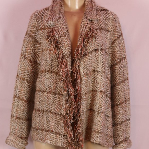 CHICOS BEIGE MULTI COLOR OPEN FRONT CARDIGAN MED - Picture 2 of 5